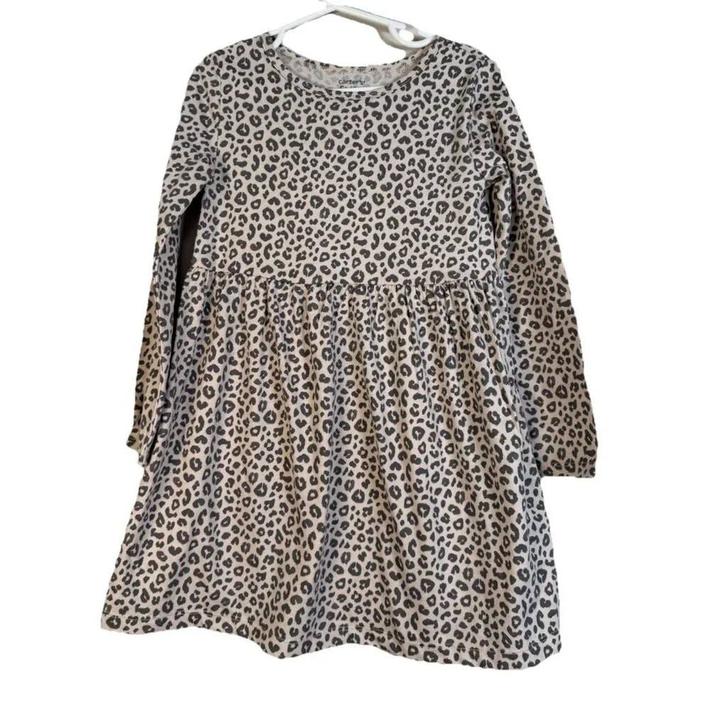 ✨Carters Girls Cheetah Print Long‎ Sleeve Mid length Dress Size 5t Fall Holiday